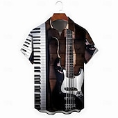 cheap Music and Guitars-Men&#039;s Guitar Piano Musical Instrument Shirt Summer Shirt Button Up Shirt Short Sleeve Vintage Retro Outdoor Vacation Dailywear Summer Spring Turndown 3D Print Collared Shirts Front One Pocket Black