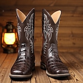 abordables Cowboy et bottes occidentales-Bottes de cowboy western en cuir de vachette noir gaufré pour hommes avec bout pointu et coutures classiques, chaussures élégantes pour les événements country, l&#039;équitation et la mode rodéo