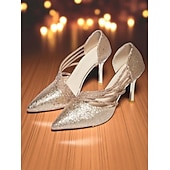 economico Pumps Classici-Scarpe da donna con tacco a spillo e punta a punta, glitterate dorate, con cinturino e tacco a spillo, per la vita notturna, i club e gli eventi serali