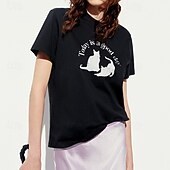 economico Maglietta Animali-Maglietta da donna in 100% cotone con stampa di animali, gatti e lettere, elegante, basic, moderna, a maniche corte, girocollo, regular, per tutti i giorni, sportiva, per uscire, nera e bianca,