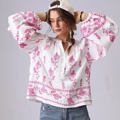 olcso Női Művészet és Dizájn Felsők-Női Ing Virágos Elegáns Csehország Szüret Hosszú ujj Lámpás hüvely V-alakú Crop Tops Napi Szabadság Alkalmi Hímzett Törtfehér hímzett szilvapiros-FEHÉR 2# sárgabarack hímzés világoszöld-sárgabarack