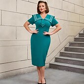 cheap Dresses-1950s Retro Vintage Midi Cocktail Dress Pencil Dress Plus Size Solid Color Pencil Dress V Neck Fancy Dress Women's Formal Party &amp; Evening Retro Theme Party Adults' Dress Spring &amp; Summer