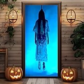 Недорогие Хэллоуин дверные накладки-Дверное покрытие на Хэллоуин – жуткая призрак-девочка за стеклянной дверью баннер для входа в проклятый дом ужасное наружное украшение для Хэллоуина 2025 года в спальне гостиной ванной