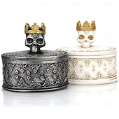 baratos Decorações de Halloween Penduradas e de Mesa-Caixa de armazenamento de joias com estátua de caveira e coroa de Halloween com tampa, à prova de poeira, suporte de vela artesanal, decoração única de Halloween, pequeno enfeite de resina para exibição de mesa em casa