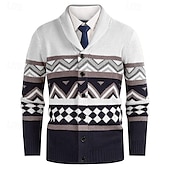 billige cardigangenser for menn-Herre Genser Cardigan Genser Fair Isle genser Riflet Strikke Vanlige topper Strikket Geometrisk Buet Ferie Mote Avslappet Dagligdagstøy Klær Vår &amp; Vinter Hvit Gul S M L