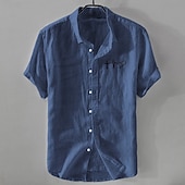 preiswerte Business Casual-Herren Leinenhemd Freizeithemd Baumwoll-Leinen-Hemd Knopfhemd Muster Urlaub Straße Weiß Dunkelmarine Himmelblau Khaki Kurzarm Revers Sommer Bekleidung Schnalle