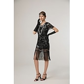 preiswerte Kleider-Retro Vintage Goldene Zwanziger 1920er Midlänge Flapper Kleid Cocktailkleid Der große Gatsby Flapper-Mädchen Pailletten Fransen V Ausschnitt Damen Weihnachten Halloween Karneval Hochzeit