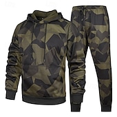 voordelige basis trainingspakken-Voor heren Trainingspak Kledingset Truien instellen Capuchon Buiten Dagelijks Sport Zak Trekkoord camouflage blauw Khaki Leger Groen Grafische afdruk Polyester Sportkleding Modieus Streetwear Herfst