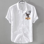 baratos Casual de negócios-Homens Camisa de linho Camisa casual Camisa de algodão e linho camisa de botão Animal Modelado Férias Roupa Diária Branco Azul Marinho Escuro Azul Céu cáqui Manga Curta Lapela Todas as Estações Roupa