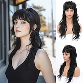 cheap Historical Wigs-80s 90s Retro Black Mullet Wigs Pixie Cut Wigs with Bangs for Women Wolf Cut Wig Middle Part Black Synthetic Heat Resistant Fiber Costumes Cosplay Hair Wig for Daily Party Use