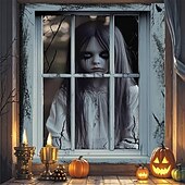 olcso halloween faliszőnyegek-2 db-os halloweeni ablakdekoráció női szellem halloweeni ablak horror női szellem baba függöny szett horror koponya poszter beltéri és kültéri partidekoráció