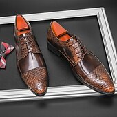 levne Formální-Pánské hnědé oxfordky s krokodýlím potiskem – klasické šněrovací boty do kanceláře pro formální kanceláře a svatební příležitosti