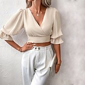 olcso Női Egyszerű Felsők-Női Nyári felsők Wrap Crop Top Sima Napi Stílusos Alap Hosszú ujj Lámpás hüvely V-alakú Crop Tops Munka Napi Szabadság Tunika Fekete Sárgabarack Tavasz Ősz