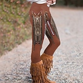 billiga -Dam Viking Byxor Damasker Mysiga leggings Vintage Boho Fullängd Hög midja Grafiska tryck Elastisk midja Mönster Mateial som andas Bekväm Elastisk Semester Gata Dagliga kläder Blå Brun Vår Höst Normal