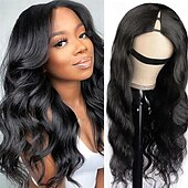 economico Parrucche di capelli veri senza cuffia-Parrucche con parte a V, ondulate, in capelli umani, senza risciacquo, in pizzo frontale, parrucche brasiliane vergini per donne nere, parrucche con parte a U, senza colla, con clip per tutta la