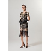 preiswerte Kleider-Retro Vintage Goldene Zwanziger 1920er Midlänge Flapper Kleid Cocktailkleid Der große Gatsby Flapper-Mädchen Pailletten Fransen V Ausschnitt Damen Weihnachten Halloween Karneval Hochzeit