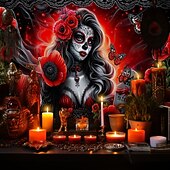 olcso halloween faliszőnyegek-Halottak Napja Csontváz Menyasszony Jelenet Fali Tapéta Háttér Gótikus Piros Függöny Félelmetes Dekoráció a 2025-ös Halloweenra a Nappaliban Hálószobában