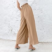 abordables jambe large et taille haute-Femmes Jambe large Slacks Streetwear Occasionnel Longueur complète Naturel Uni Avec Poches Taille Élastique Confortable Fête Week-end Rouille Vert printanier Noir Blanche Automne Coupe régulière