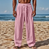 cheap Holiday-Men&#039;s Linen Pants Trousers Summer Pants Baggy Pants Beach Pants Elastic Waist Drawstring Straight Leg Plain Comfort Breathable Full Length Casual Daily Holiday Vacation Fashion White Pink Inelastic
