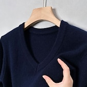 billiga tröja för män-Herr Pullover tröja Stickad tröja Ribbad Sticka Vanliga toppar Stickat Slät V-hals Mode Grundläggande Semester Dagliga kläder Kläder Vinter Höst Kamel Svart M L XL