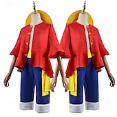 billiga Animekostymer-One Piece Monkey D. Luffy Solguden Luffy Animé Byxa Hattar Kläder Cosplay-kostymer Halloween Karnival Prestanda Topp Byxor Skärp Till Herr Pojkar Barn Vuxna