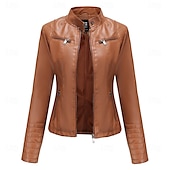voordelige Imitatieleren jassen-Dames Jas van imitatieleer Comfortabel Zak Volledige ritssluiting Modieus Street Style Effen Buiten Casual / Dagelijks Normaal Opstaand Normale pasvorm Lange mouw bovenkleding Zwart Rood Kameel Lente