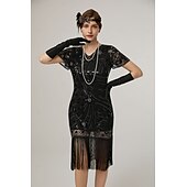 preiswerte Kleider-Retro Vintage Goldene Zwanziger 1920er Midlänge Flapper Kleid Cocktailkleid Der große Gatsby Flapper-Mädchen Pailletten Fransen V Ausschnitt Damen Weihnachten Halloween Karneval Hochzeit