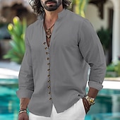 economico Vacanza-Per uomo Camicia Camicia di lino Camicia Estiva Camicia casual Camicia con Bottoni Semplice Vacanza Crociera Nero Bianco Rosa Azzurro cielo Manica Lunga Colletto alla coreana Primavera &amp; Autunno