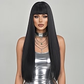 baratos Perucas de festa-Black Long Straight Wig for Women – Realistic Scalp, Full Head Cap, Lolita &amp; JK Style, Perfect for Halloween Cosplay, Manga Characters, and Everyday Wear