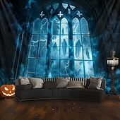 preiswerte Halloween-Wandteppiche-Halloween hängender Wandteppich Schlossfensteransicht Fotografien Hintergrund Jack O Lantern Wandkunst großes Wandteppich Wandbild Dekovorhang Zuhause Schlafzimmer Wohnzimmer Dekoration Tod Selfie
