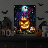 preiswerte Halloween-Wandteppiche-Halloween-LED-Wandbild auf Leinwand, der leuchtende Kürbis von Sarah Richter, LED-beleuchtete Wanddekoration, batteriebetrieben, beleuchteter Leinwanddruck, LED-Licht, Küche, Schlafzimmer oder