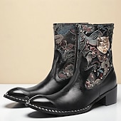 abordables Bottes en cuir haut de gamme-Bottes de motard western noires en cuir de vachette pour hommes avec broderie florale et bout en métal, style cowboy rétro pour la conduite à moto, les événements country et la mode festival