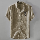 baratos Casual de negócios-Homens Camisa de linho Camisa casual Camisa de algodão e linho camisa de botão Animal Modelado Férias Roupa Diária Branco Azul Marinho Escuro Azul Céu cáqui Manga Curta Lapela Todas as Estações Roupa
