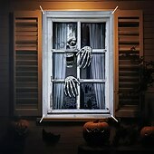 cheap Door Covers-Halloween Window Curtain Skeleton Peeking Through Blinds, Scary Door Cover, Window cover,  Wall Tapestry for 2025 Halloween Spooky Home Decoration