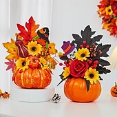 baratos Guirlandas de Halloween e Decorações Florais-enfeite de mesa de outono de Halloween com abóbora falsa, folhas de bordo e luz LED para o festival da colheita de outono, decoração de cena assustadora de Halloween para casa e festa de outono