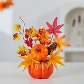 abordables Couronnes d&#039;Halloween et Décorations Florales-Décoration de bureau d&#039;automne d&#039;Halloween avec fausse citrouille, feuilles d&#039;érable et décoration lumineuse à LED pour le festival des récoltes d&#039;automne, décoration de scène d&#039;automne effrayante