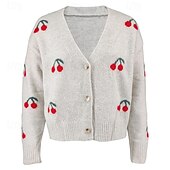 preiswerte Strickjacken und Oberbekleidung-Damen Pullover Strickjacke Mode Streetwear Täglich Frucht Gerippt V Ausschnitt Gestrickt Langarm Normale Oberteile Stricken Ferien Ausgehen Wochenende Weiß Herbst Winter