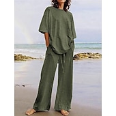 abordables Conjuntos-Conjuntos de pantalones de lino para mujer, 15% lino, básicos, color liso, bolsillo, cintura elástica, camiseta, pantalón, uso diario, calle, manga larga, cuello redondo, azul, negro, blanco, azul marino, marrón claro, verano, primavera