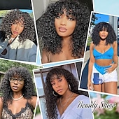 cheap Human Hair Capless Wigs-Curly Human Hair Wig With Bangs 100% Brazilian Human Hair Curly Wigs Scalp Full Machine Made Wig for Black Women L Curly Wigsn Human Hair Natural Color