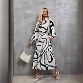 voordelige Kunst &amp; Design Jurk-Dames Maxi-jurk A lijn jurk Vakantie Feest Casual Feest Dagelijks Afspraakje Normale pasvorm Abstract Lijn Lange mouw Overhemdkraag Zwart-wit print Groene en witte print Zomer Lente Herfst