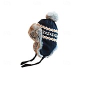 cheap Hats-Stretch Knit Plush Winter Hat with Detachable Ear Flaps &amp; Pom-Pom - Grid Pattern, Adjustable Drawstring for Outdoor Sports, Christmas Holiday - Black/White/Blue/Red, Winter Accessories