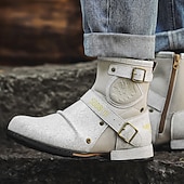 cheap Biker Boots-Men's White Faux Leather Moto Ankle Boots with Buckle Straps – Punk Style Fashion Boots for Parties and Streetwear