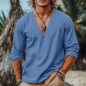 preiswerte Urlaub-Herren Leinenhemd Popover-Hemd Sommerhemd Strandbekleidung Vintage-Shirt Ethno-Hemd Einfach Urlaub Lässig Schwarz Weiß Wein Blau Langarm V Ausschnitt Sommer Frühling Bekleidung