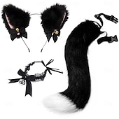 baratos Acessórios de penteados-Conjunto de faixa de cabeça com orelhas de gato e cauda feito à mão – acessórios fofos para cosplay de gatinha, orelhas e cauda de animais para Halloween, festa e fantasias