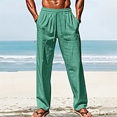 cheap Holiday-Men&#039;s Linen Pants Trousers Summer Pants Beach Pants Pocket Elastic Waist Drawstring Plain Comfort Breathable Vacation Daily Holiday Hawaiian Boho White Dark Red