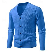 cheap Men&#039;s Cardigan Sweater-Men&#039;s Cardigan Sweater Cropped  Sweater Knit Sweater Ribbed Knit Regular Tops Buttons Jacquard Plain V Neck Fashion Classic Vacation Daily Wear Clothing Apparel Fall Winter Black Navy Blue S M L