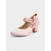  Escarpins Mary Jane roses à pois pour femmes des années 1950 – de jolis escarpins rétro à talons carrés et brides à nœud pour les fêtes, les goûters et les tenues d'inspiration vintage