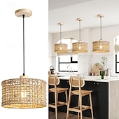 economico Luci a sospensione-Lampada a sospensione artistica country, materiale in legno di rattan, altezza 16 cm, luce bianca calda/bianca, E26 E27, catena regolabile