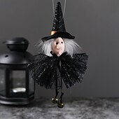levne Halloweenové závěsné a stolní dekorace-Závěsná ozdoba na halloweenskou panenku čarodějnice, kreslený zvonek s tylovou sukní, dýně, duch a plyšové přívěsky s černou kočkou pro vnitřní i venkovní halloweenské párty a domácí dekorace