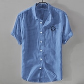 preiswerte Business Casual-Herren Leinenhemd Freizeithemd Baumwoll-Leinen-Hemd Knopfhemd Muster Urlaub Straße Weiß Dunkelmarine Himmelblau Khaki Kurzarm Revers Sommer Bekleidung Button-Down